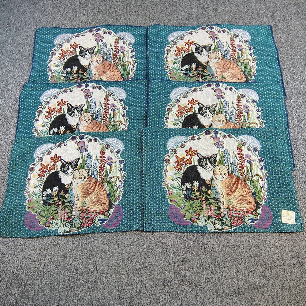 Vintage Hearth & Home Cats‎ Woven Tapestry Placemats set of 6  13 X 19